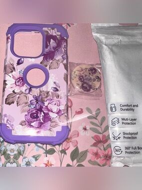 Purple Floral Protective Case with Matching Floral PopSocket- I Phone 15 Pro